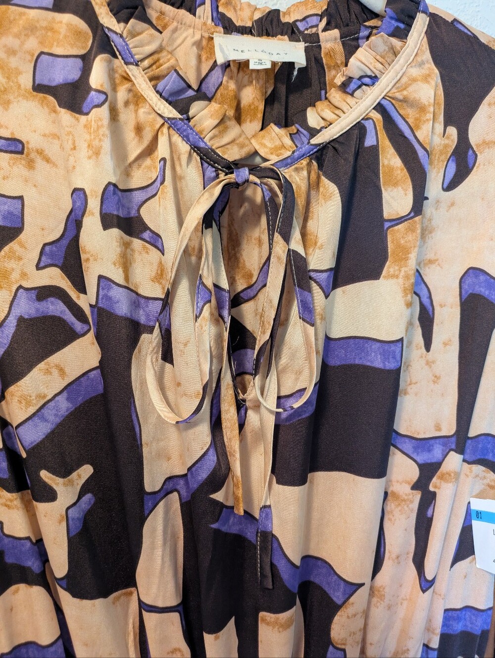 Melloday Abstract Print Tiered Midi Dress in Beige and Purple - Picture 10 of 13